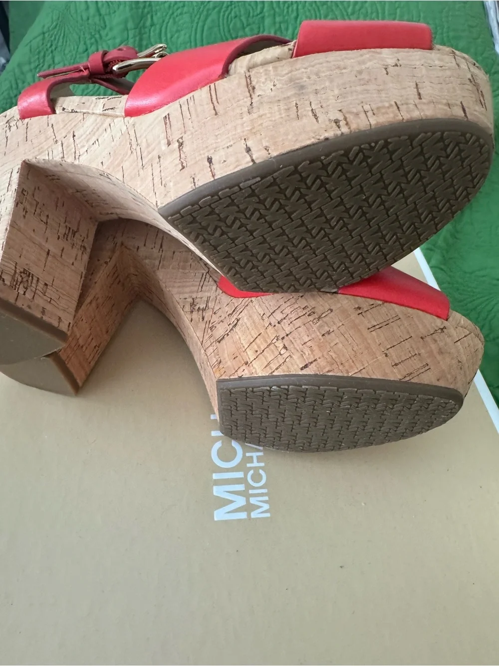 MICHAEL Michael Kors Red Leather Cork Wedge Sandals